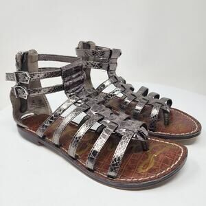 Sam Edelman Kendra Gladiator Sandal 8M Pewter Silver Snake Embossed Heel Zip